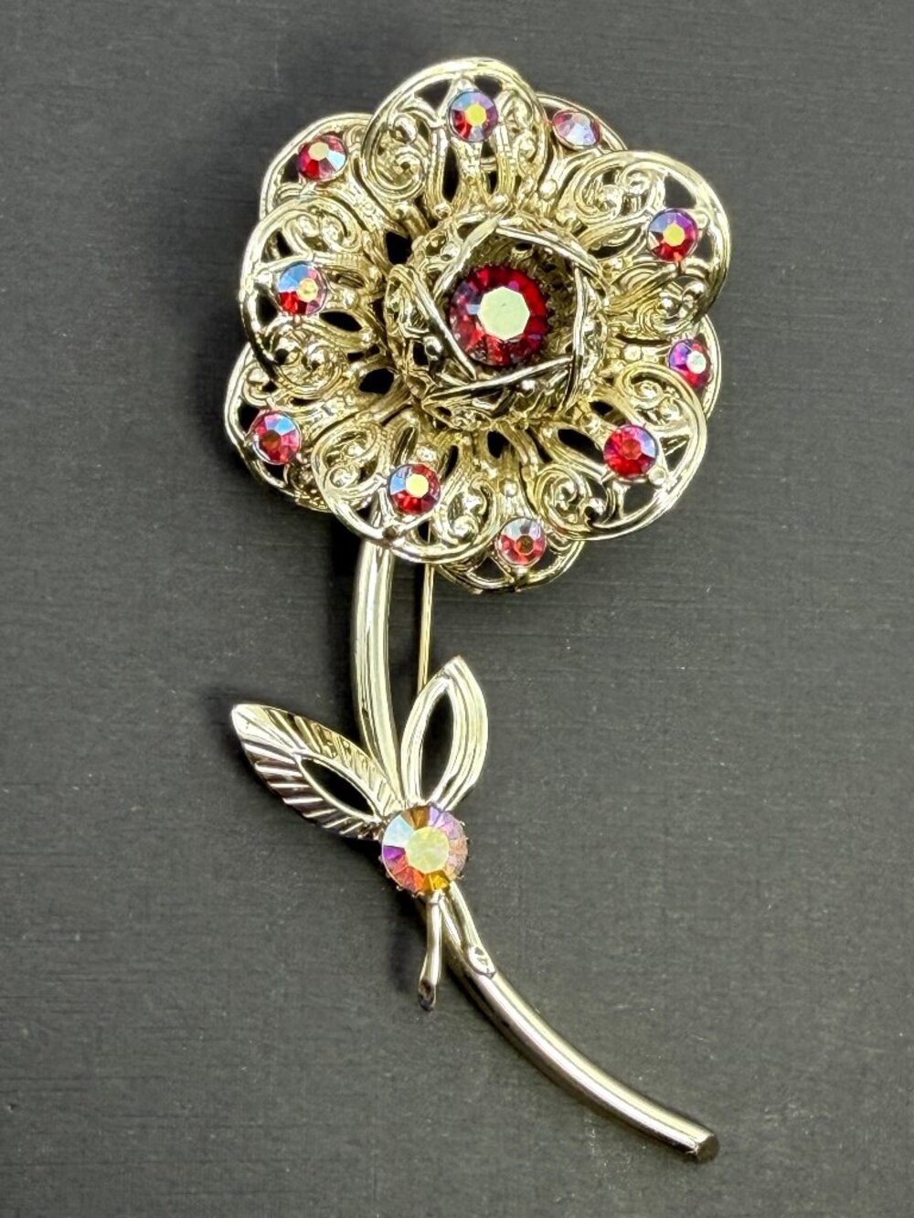 Sarah Coventry Fashion Flower Brooch 1961 Red AB Rhinestone GT Filigree 3.75”